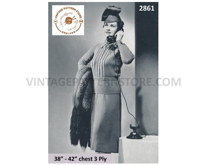 Ladies Womens 30s vintage 3 ply tuck panel raglan sweater with collar & A line skirt pdf knitting pattern 38" to 42" Instant download 2861