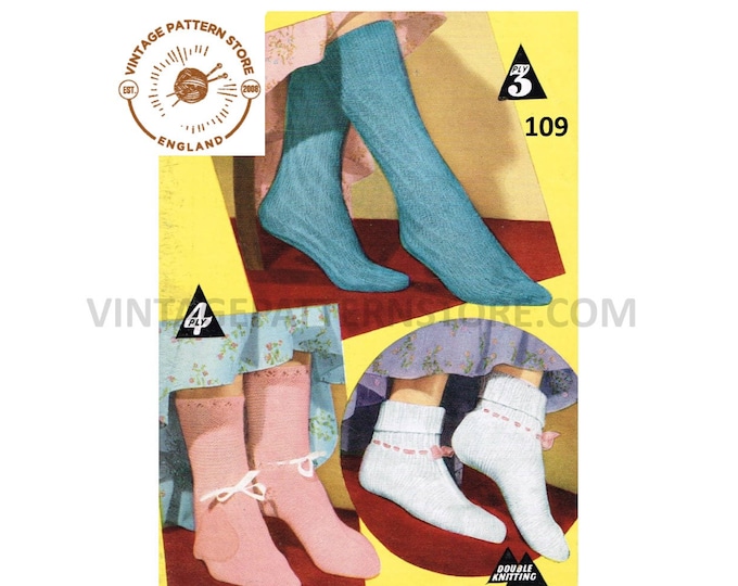 Ladies Womens Girls 50s vintage 3 ply 4 ply & DK garter stitch ankle spiral and ribbed bed socks pdf knitting pattern Instant download 109