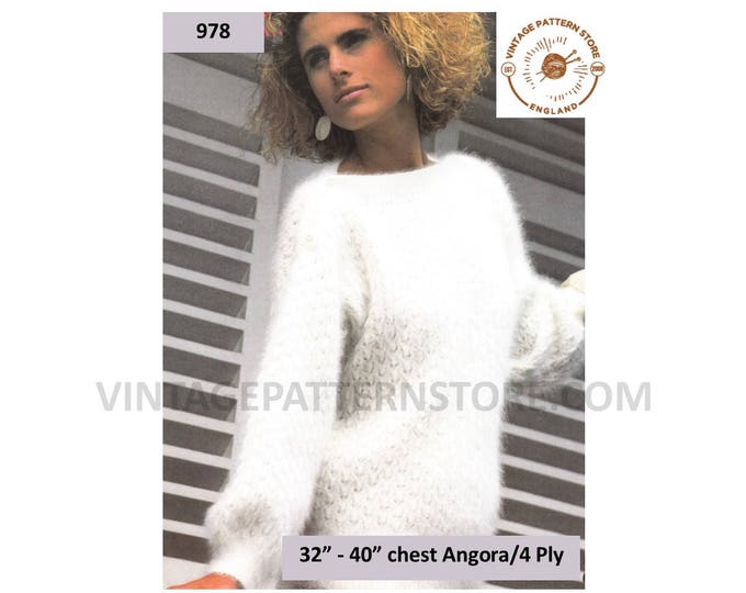 Ladies Womens 80s vintage 4 ply or angora slash neck lacy drop shoulder dolman sweater jumper pdf knitting pattern 32" to 40" Download 978