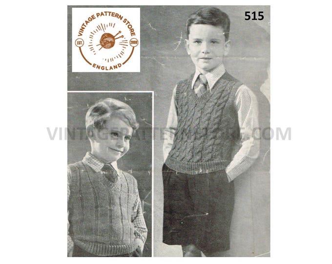 Boys 40s vintage V neck cable cabled or rib ribbed 4 ply tank top sleeveless sweater vest pdf knitting pattern 25" to 27" chest Download 515