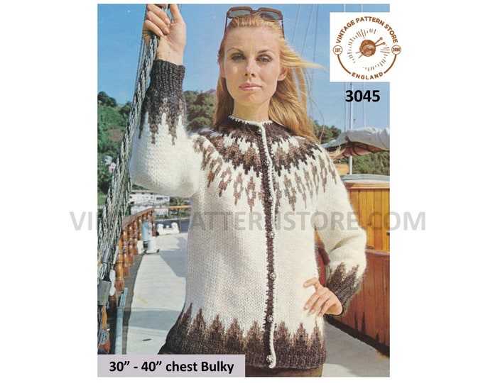Ladies Womens 80s vintage bulky knit crew neck fair isle yoke yoked raglan cardigan jacket pdf knitting pattern 30" to 40" PDF Download 3045