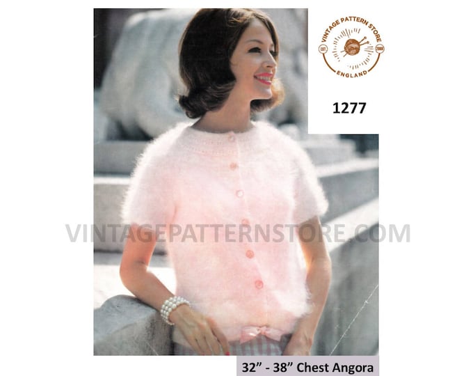 Ladies Womens 60s vintage round neck short raglan sleeve angora Summer cardigan pdf knitting pattern 32" to 38" chest PDF download 1277