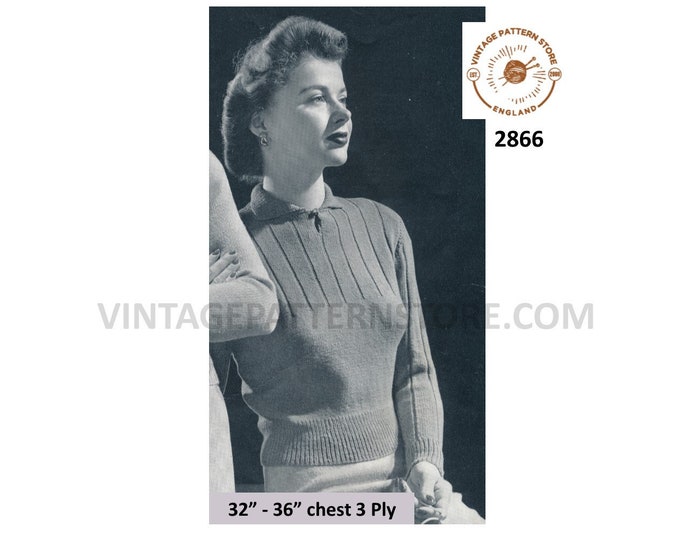 Ladies Womens 30s vintage 3 ply round neck rib panel ribbed raglan sweater jumper pdf knitting pattern 32" to 36" chest Download 2866