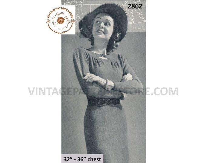 Ladies Womens 30s vintage 2 ply round neck boxy box shoulder full length maxi raglan dress pdf knitting pattern 32" to 36" Download 2862