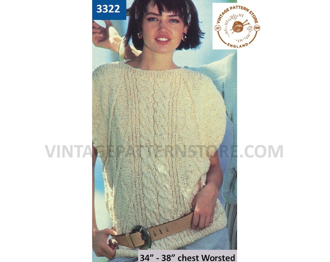 Womens 80s vintage slash neck cable cabled short sleeve drop shoulder worsted sweater jumper pdf knitting pattern 34" to 38" Download 3322
