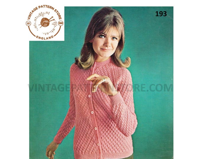 Ladies Womens 70s vintage 4 ply round neck textured raglan cardigan jacket pdf knitting pattern 34" to 38" chest Instant PDF Download 193