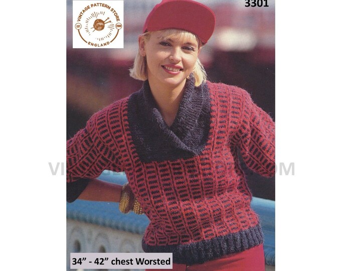 Ladies Womens 80s crossover V neck shawl collar slip stitch worsted dolman sweater jumper pdf knitting pattern 34" to 42" Download 3301