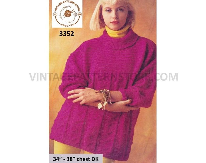 Ladies Womens 80s vintage polo neck textured loose fit DK drop shoulder sweater jumper pdf knitting pattern 34 to 38" bust PDF Download 3352