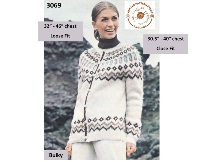 Ladies Womens 80s vintage bulky knit crew neck fair isle yoke yoked raglan cardigan jacket pdf knitting pattern 30.5" to 46" Download 3069