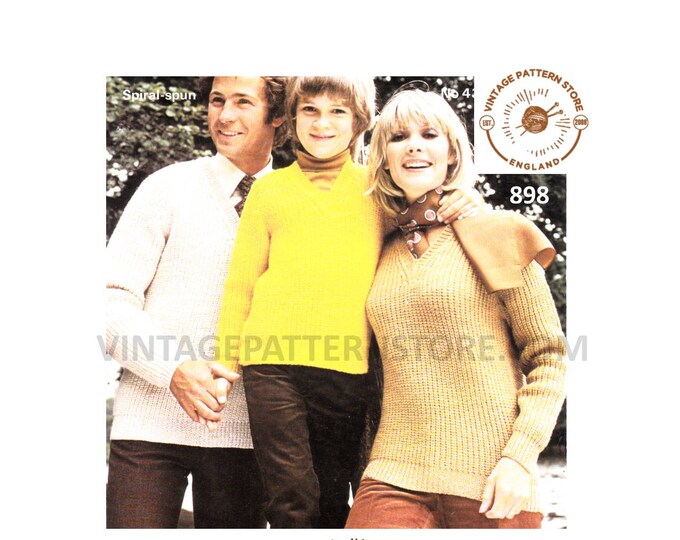 Womens Ladies Mens Boys Girls 70s vintage easy to knit family V neck raglan DK sweater jumper pdf knitting pattern 28" to 44" Download 898