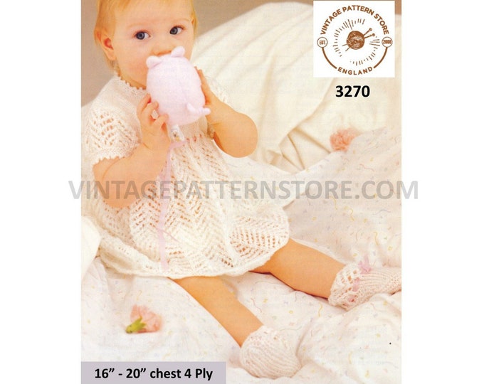 Baby Babies 90s 4 ply round neck picot lace short sleeve dress & ribbon booties bootees pdf knitting pattern 16" to 20" chest Download 3270