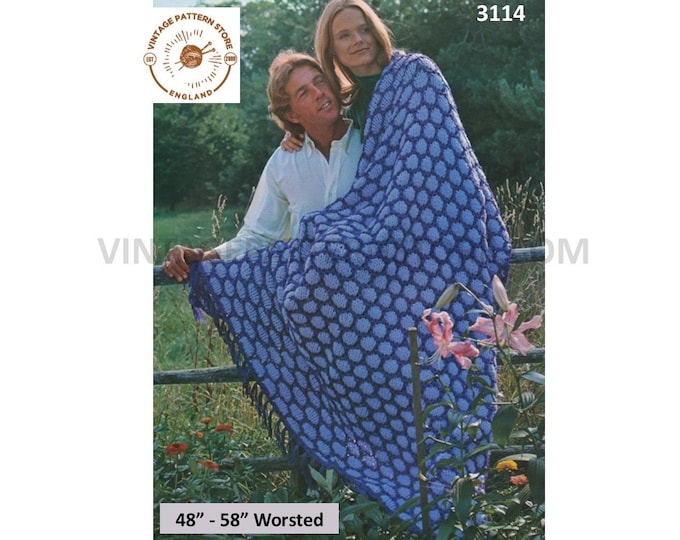 70s vintage worsted spotted spotty fringed afghan throw pdf knitting pattern 48" by 58" Instant PDF download 3114