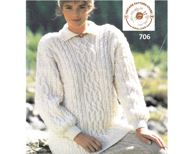 Womens 90s long line drop shoulder crew neck celtic cable cabled aran dolman sweater jumper pdf knitting pattern 30" to 40" PDF Download 706