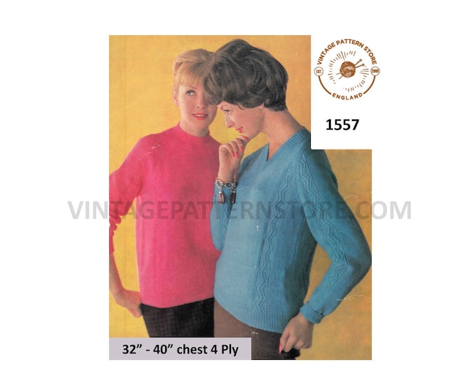 Ladies Womens 60s vintage 4 ply V or crew neck cabled raglan sweater jumper pdf knitting pattern 32" to 40" chest Instant PDF Download 1557