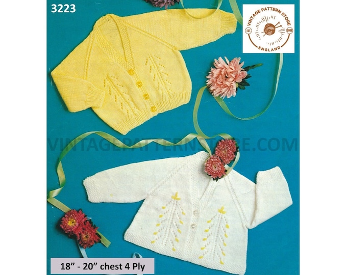 Baby Babies 70s vintage 4 ply V neck lace panel lacy raglan cardigan & matinee coat jacket pdf knitting pattern 18" to 20" PDF Download 3223