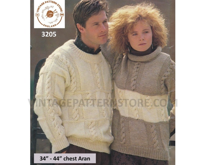 Ladies Womens Mens 80s vintage roll neck cable cabled drop shoulder dolman aran sweater jumper pdf knitting pattern 34" to 44" Download 3205