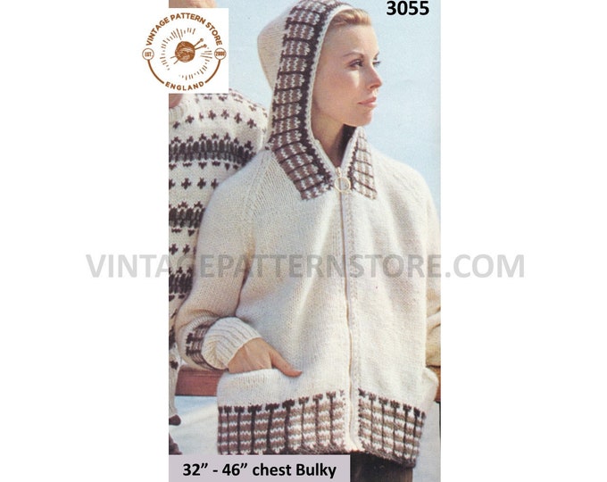 Ladies Womens 80s vintage bulky knit round neck fair isle banded raglan hoodie jacket pdf knitting pattern 32" to 46" chest Download 3055