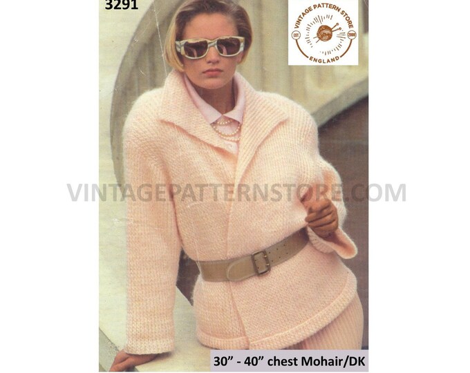 Womens Ladies 90s plain and simple easy to knit crossover collared V neck mohair jacket pdf knitting pattern 30" to 40" bust Download 3291