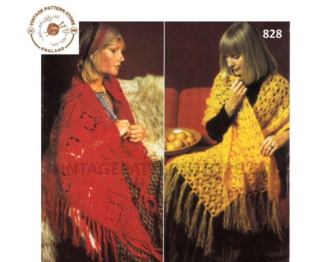 Ladies Womens 70s vintage mohair or 4 ply fringed lacy lace shawl stole wrap pdf crochet pattern 2 designs Instant PDF Download 828