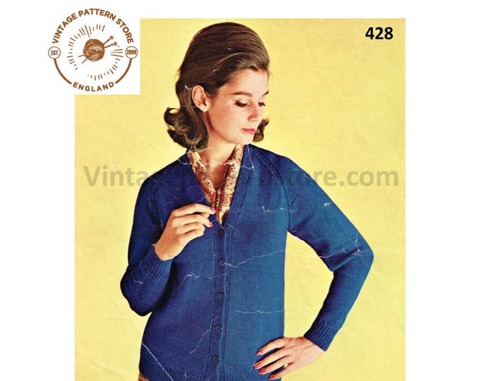 Ladies Womens 60s vintage plain and simple easy to knit 4 ply V neck raglan cardigan pdf knitting pattern 34" to 38" chest PDF download 428