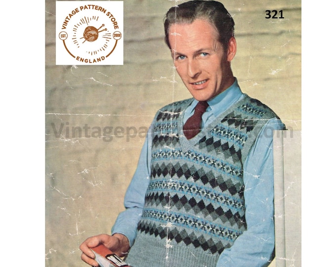 Mens Mans 50s vintage 3 ply V neck fair isle sleeveless slipover sweater vest tank top pdf knitting pattern 37" chest PDF download 321