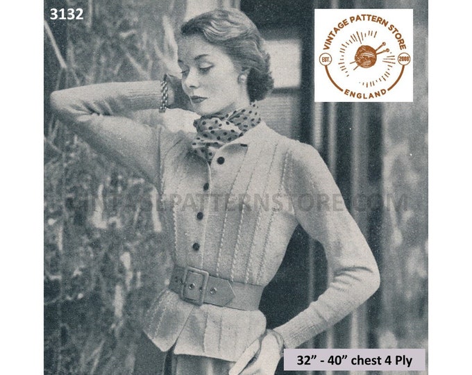 Ladies Womens 50s vintage 4 ply round neck collared lacy lace striped raglan cardigan pdf knitting crochet pattern 32" to 40" Download 3132