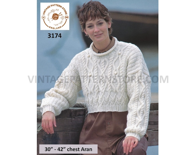 Ladies Womens 90s roll neck cable cabled drop shoulder cropped dolman aran sweater jumper pdf knitting pattern 30" to 42" Download 3174