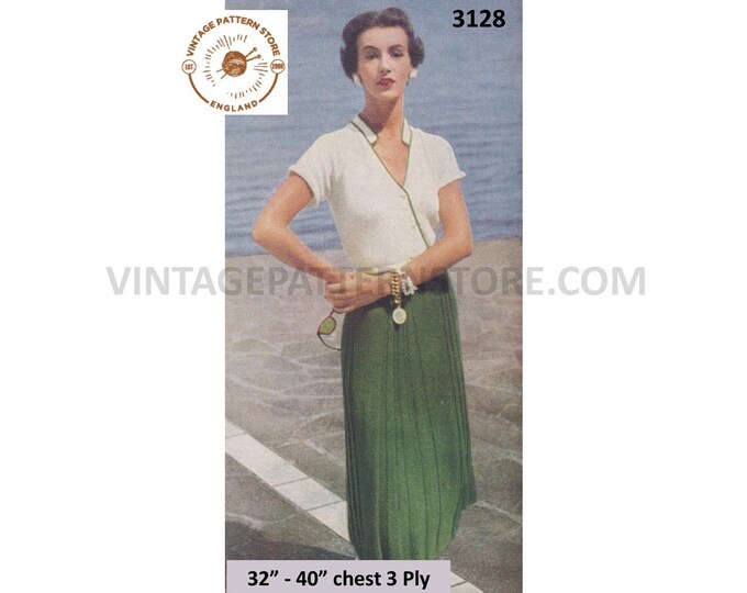 Ladies Womens 50s 3 ply long line maxi pleated skirt & V neck crossover slipover sweater vest pdf knitting pattern 32" to 40" Download 3128