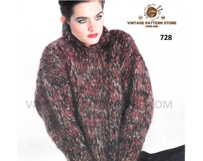 Ladies Womens 90s easy to knit funnel neck drop shoulder slouchy aran sweater jumper pdf knitting pattern 28" to 40" bust PDF download 728