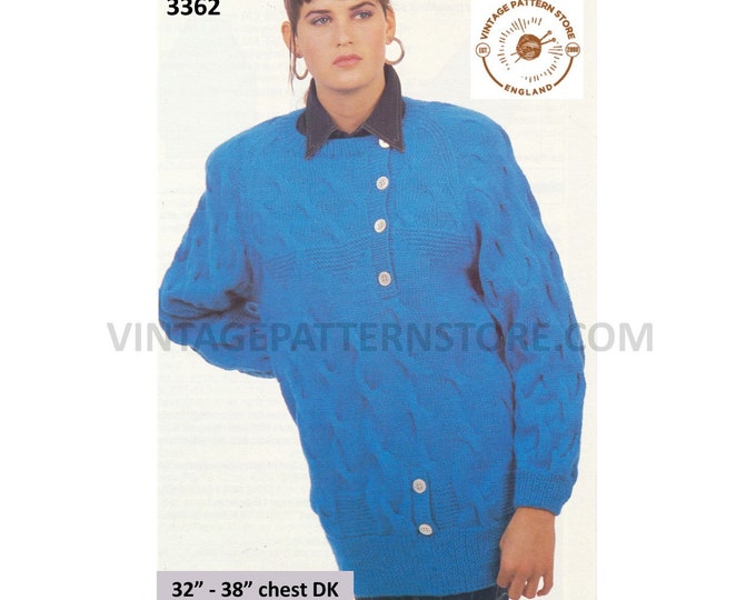 Womens Ladies 80s round neck long line DK dolman sweater jumper pdf knitting pattern with offset buttons 32" to 38" Instant Download 3362