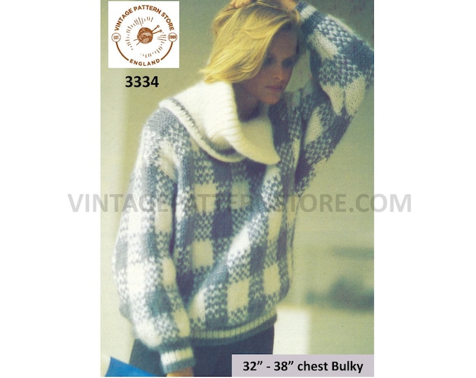 Womens 80s vintage split neck collar drop shoulder bulky knit check dolman sweater jumper pdf knitting pattern 32 to 38" Download 3334