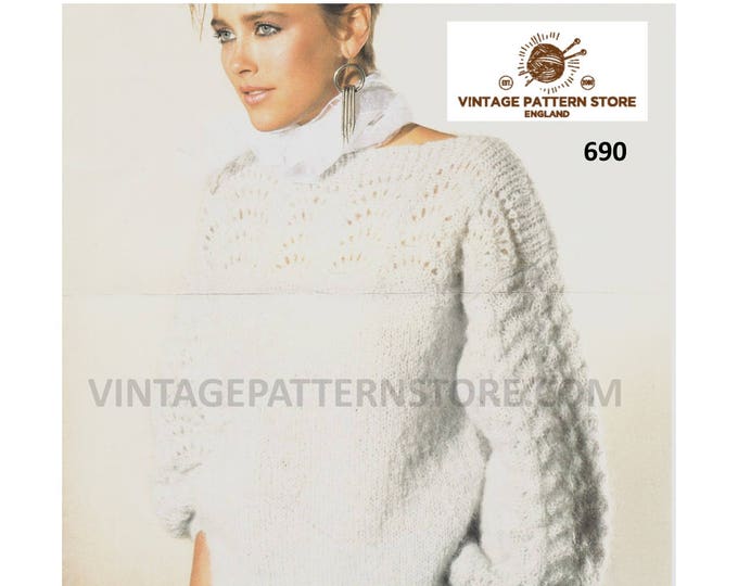 Ladies 90s sweater knitting pattern, Slash neck aran sweater, Lacy yoke drop shoulder dolman sweater - 30" - 40" chest - PDF download  690