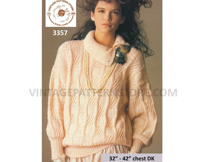 Ladies Womens 80s split neck collar cable & texture check drop shoulder DK dolman sweater pdf knitting pattern 32" to 42" Download 3357