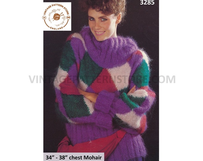 Womens Ladies cowl neck drop shoulder geometric colour blocked intarsia mohair dolman sweater pdf knitting pattern 34" to 38" Download 3285