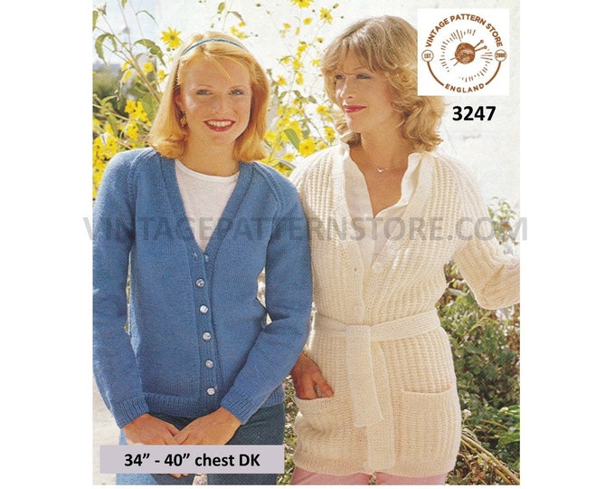 Womens Ladies 80s vintage easy to knit V neck belted DK raglan cardigan jacket pdf knitting pattern 34" to 40" Instant PDF download 3247