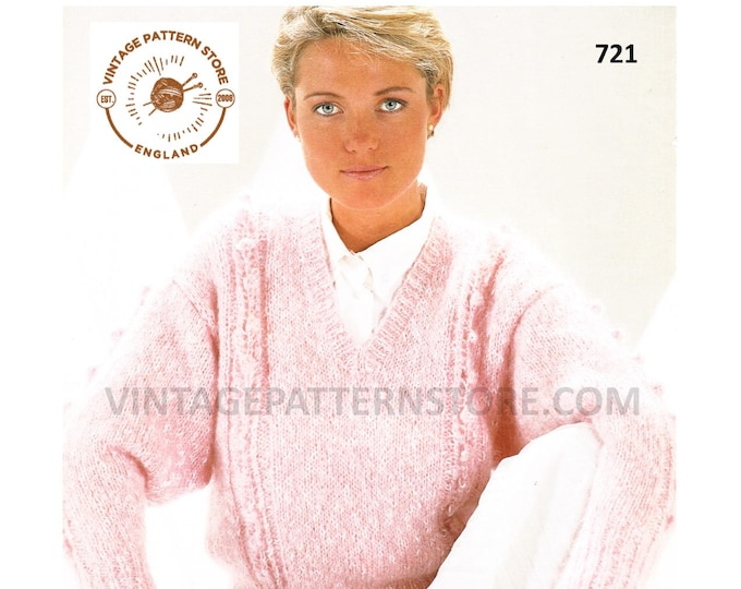 Ladies Womens 90s V neck cable cabled drop shoulder dolman aran sweater jumper pdf knitting pattern 30" to 44" Instant PDF download 721