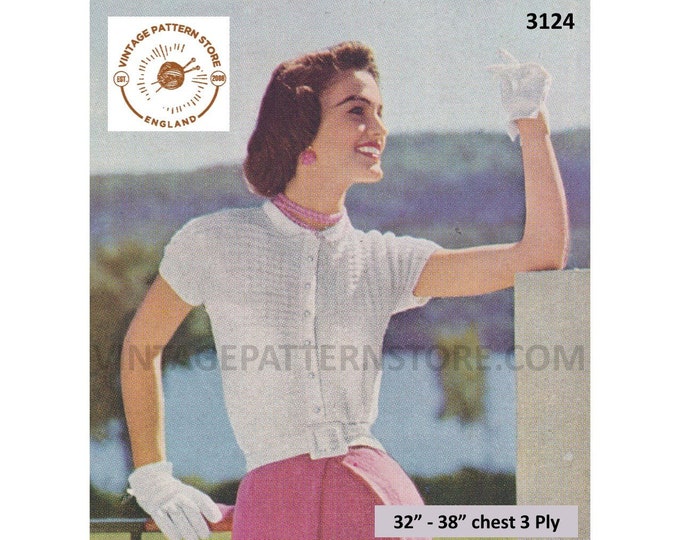 Ladies Womens 50s vintage 3 ply round neck contrast yoke short sleeve raglan summer cardigan pdf knitting pattern 32" to 38" Download 3124