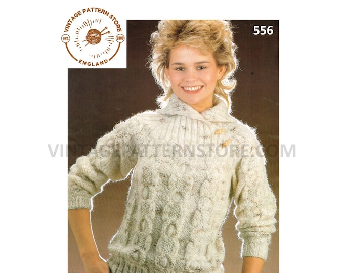 Ladies Womens 90s vintage shawl collar cable cabled raglan aran sweater jumper pullover pdf knitting pattern 32" to 38" chest download 556