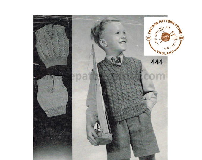 Boys 40s vintage easy to knit V neck cable cabled DK sweater vest tank top pdf knitting pattern 3 designs to knit 28" to 36" Download 444