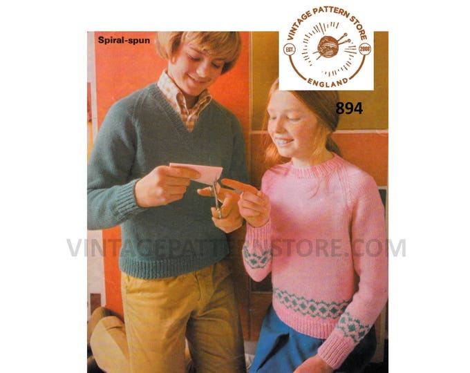 Girls Boys 70s vintage V or crew neck easy to knit & fair isle banded DK raglan sweater jumper pdf knitting pattern 26" to 34" Download 894