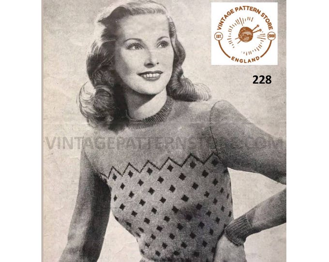 Womens Ladies 40s vintage 3 ply crew neck fair isle raglan sweater jumper pullover pdf knitting pattern 32" to 34" chest PDF download 228