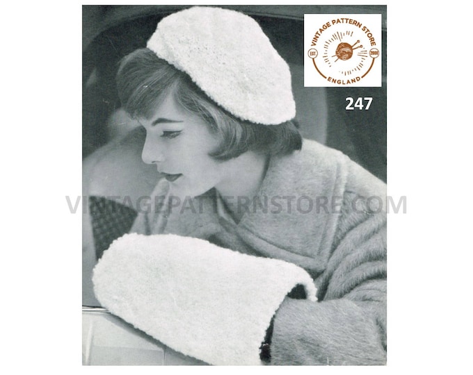 Ladies Womens 50s vintage 2 ply hand muff & matching beret hat cap pdf knitting pattern one size adult instant PDF download 247