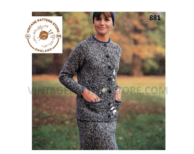 Ladies Womens 60s vintage 2 piece worsted suit raglan cardigan jacket skirt & hat cap pdf knitting pattern 34" to 42" chest Download 881