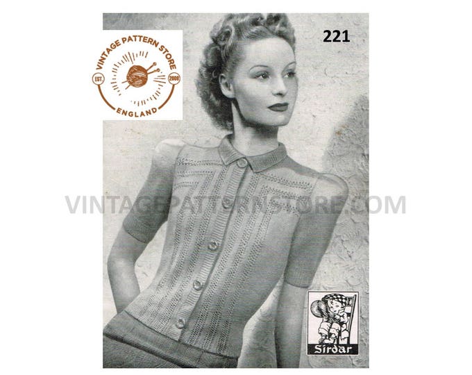 Ladies Womens 40s vintage 3 ply box shoulder lace panel round neck raglan cardigan pdf knitting pattern 35.5" chest Instant PDF Download 221