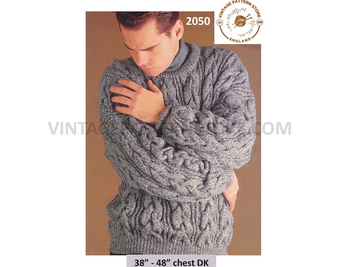 Mens Mans 90s DK round neck cable cabled drop shoulder dolman sweater jumper pdf knitting pattern 38" to 48" chest Instant PDF download 2050