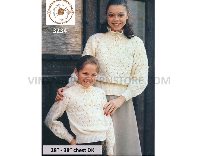 Ladies Girls sweater knitting pattern, Womens Ladies Girls 70s funnel neck lacy sweater jumper pattern - 28" - 38" chest PDF download 3234