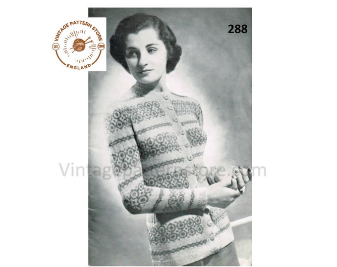 Ladies Womens 40s vintage crew neck fair isle banded 3 ply raglan cardigan pdf knitting pattern 34" chest Instant PDF download 288