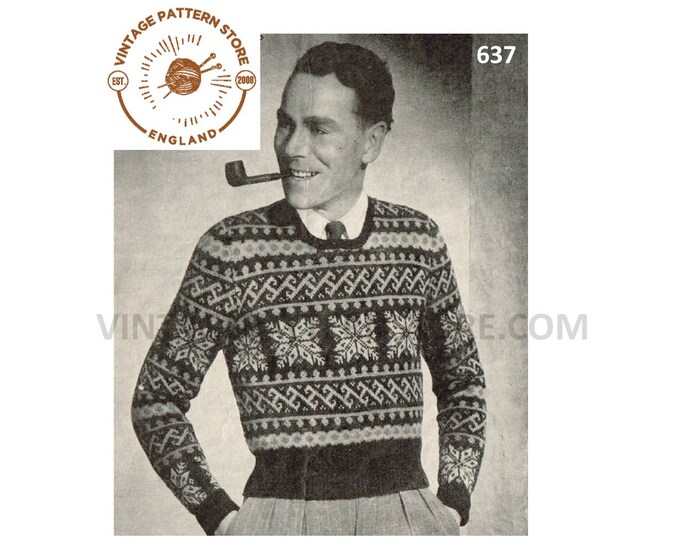 Mens Mans 30s vintage 3 ply fair isle & snowflake banded raglan Christmas sweater jumper pdf knitting pattern 38" chest PDF download 637