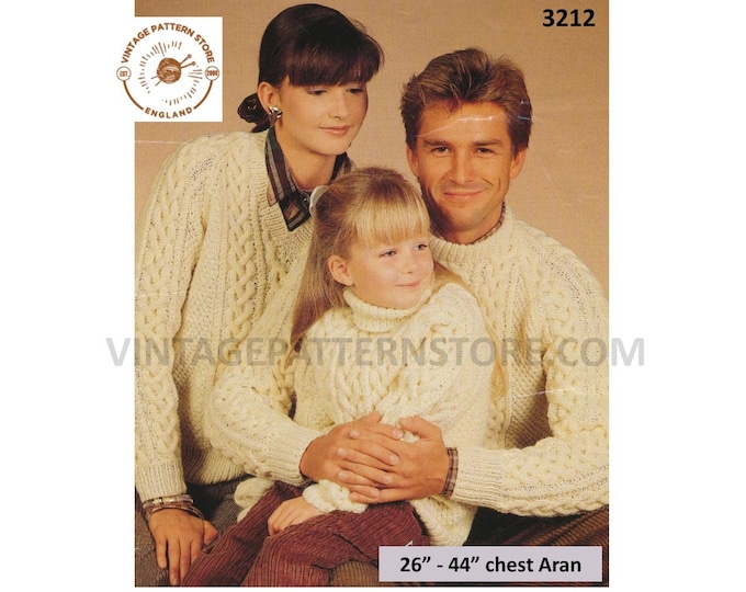 Ladies Womens Mens Girls Boys 90s crew V or polo neck cable cabled raglan aran sweater jumper pdf knitting pattern 26" to 44" Download 3212