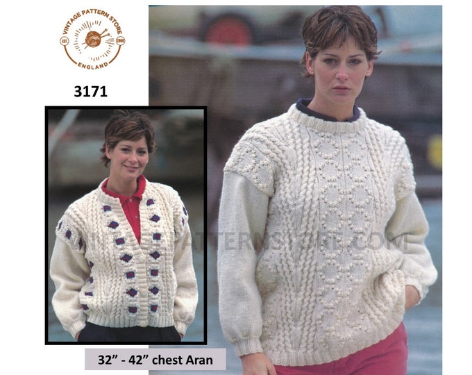 Ladies Womens 90s crew neck cable cabled drop shoulder dolman aran cardigan & sweater jumper pdf knitting pattern 32" to 42" Download 3171
